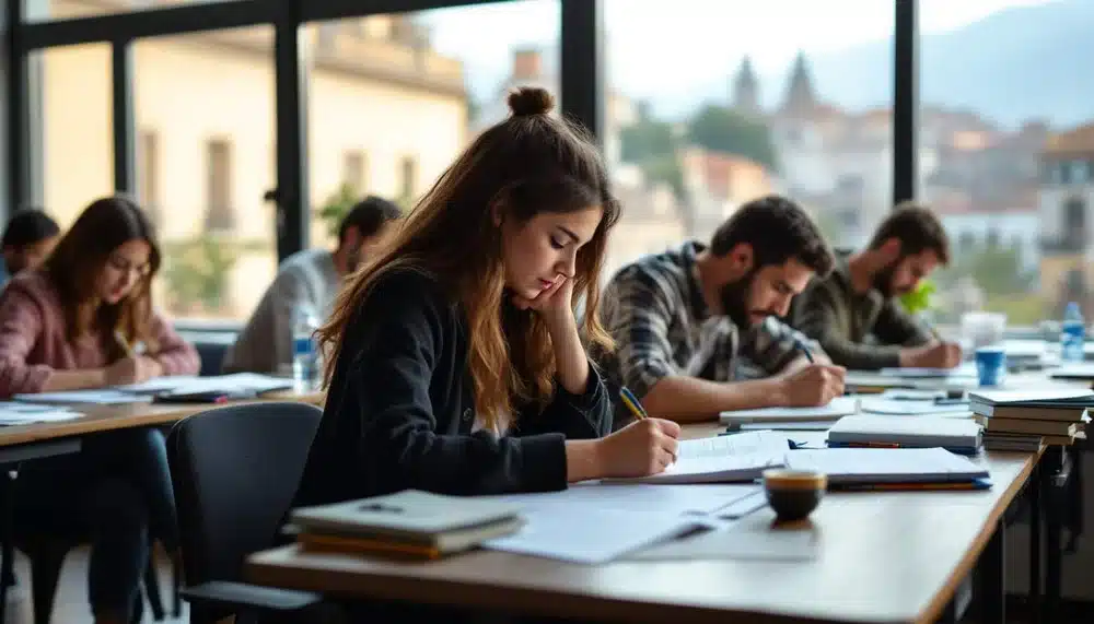 estudiantes en aula con vistas a la ciudad