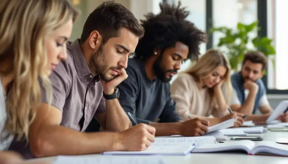 grupo de personas colaborando en proyecto con libros