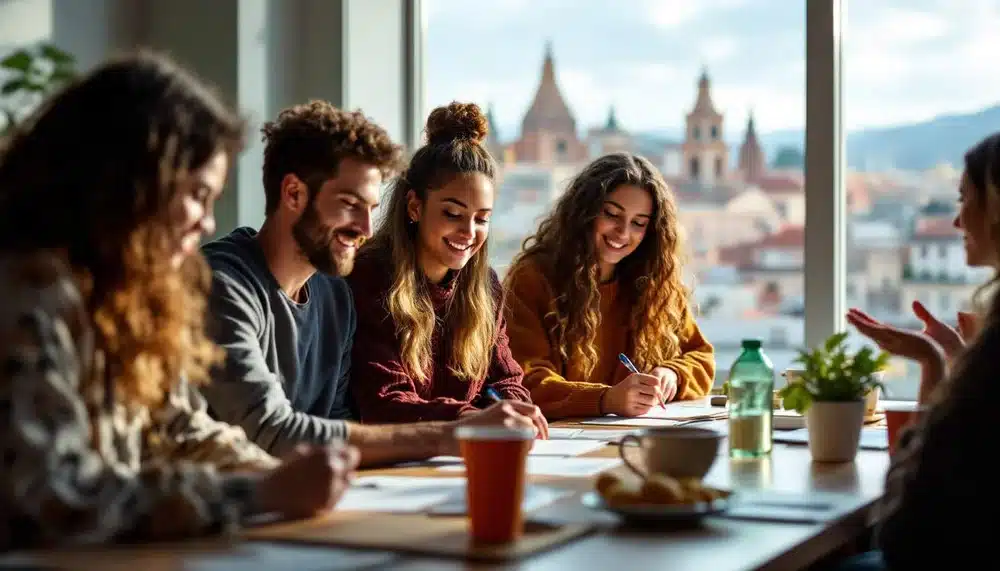 grupo de personas sonriendo en mesa de reuniones