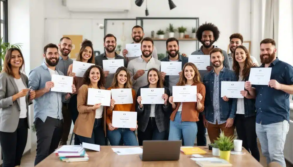 grupo sosteniendo certificados en foto de equipo