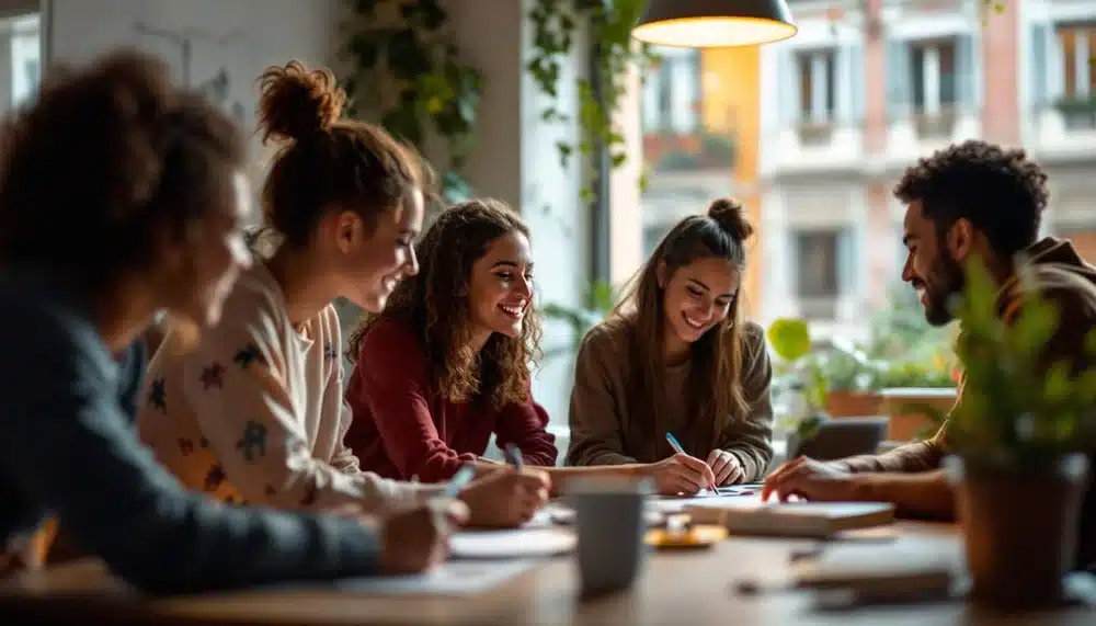 personas en reunion informal con tazas de cafe