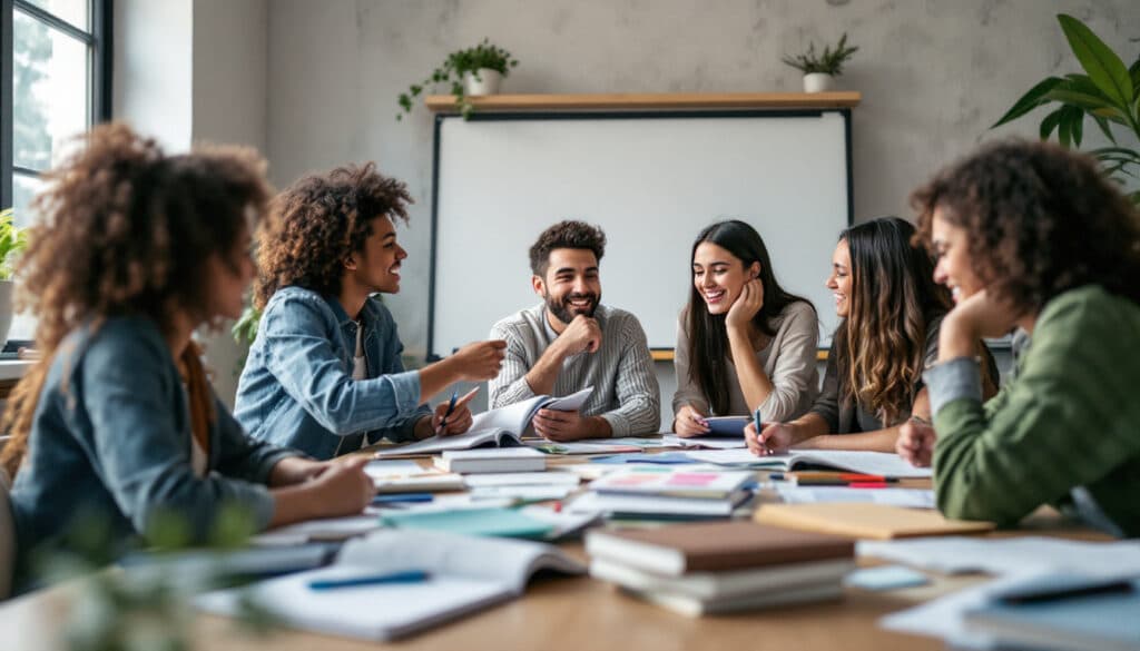 grupo de estudiantes en una reunion estudiando en una sala de trabajo