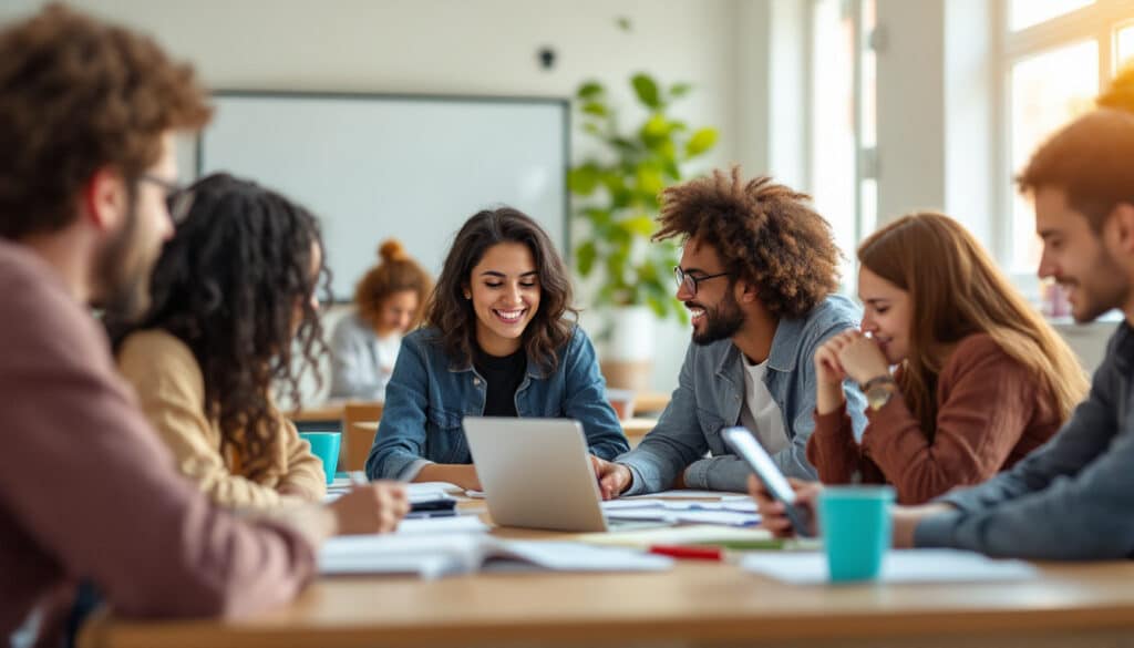 grupo de jovenes trabajando en una mesa con portatiles y cuadernos