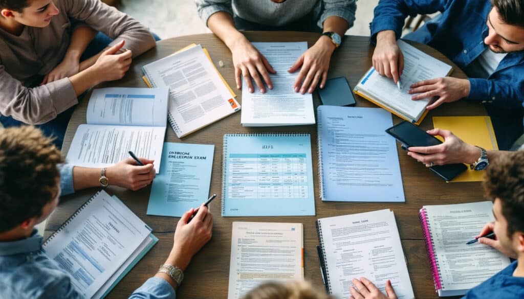 vista de varias manos organizando y revisando documentos en una mesa