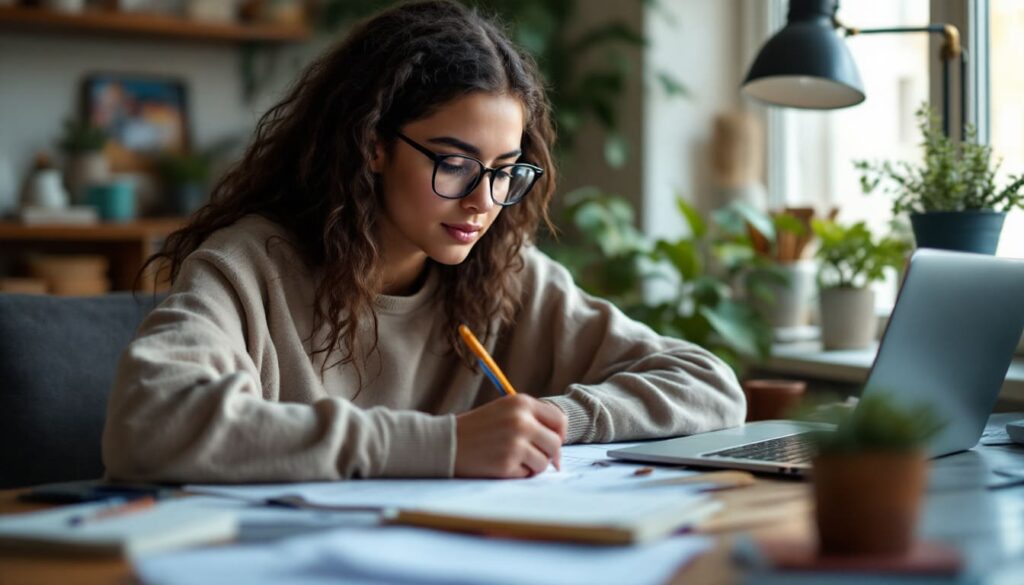 estudiante concentrada estudiando con libros y portatil en una mesa