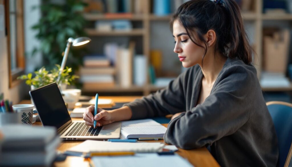 mujer escribiendo en su cuaderno mientras trabaja en un espacio moderno