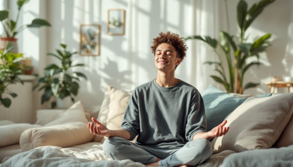 persona practicando meditacion en una habitacion con decoracion natural